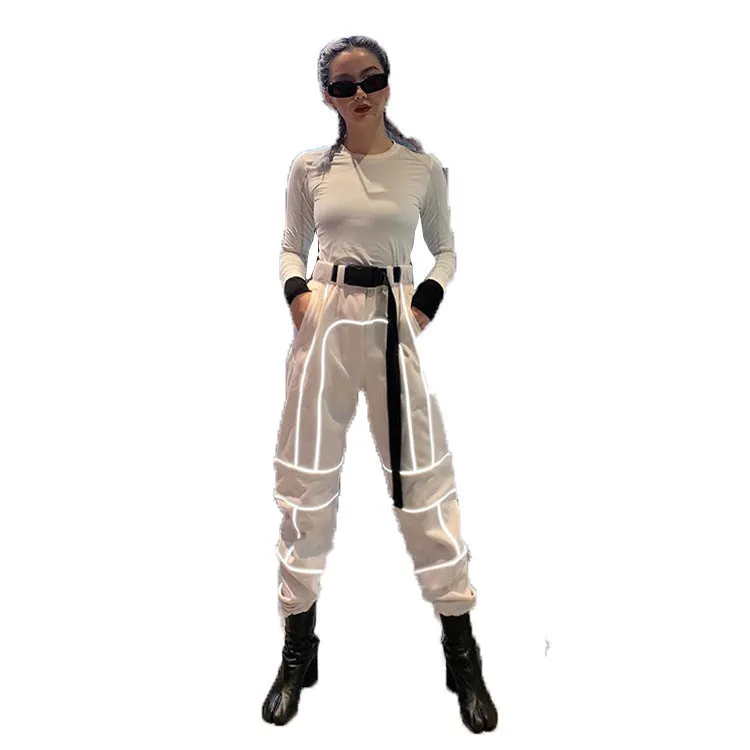 Spring hot reflective fluorescent splicing casual streetwear taperedtrousers cargo harem pants