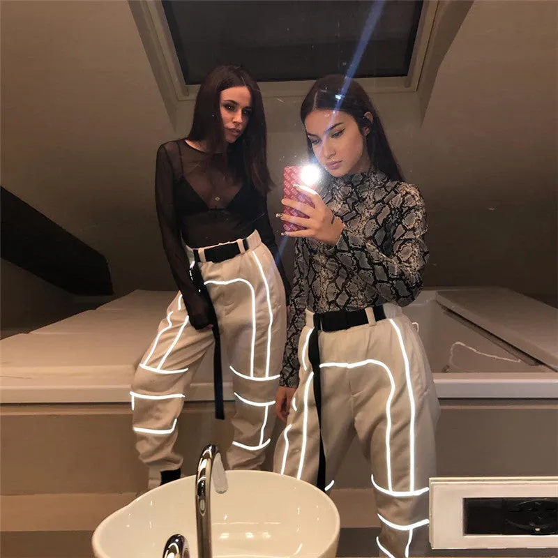 Spring hot reflective fluorescent splicing casual streetwear taperedtrousers cargo harem pants