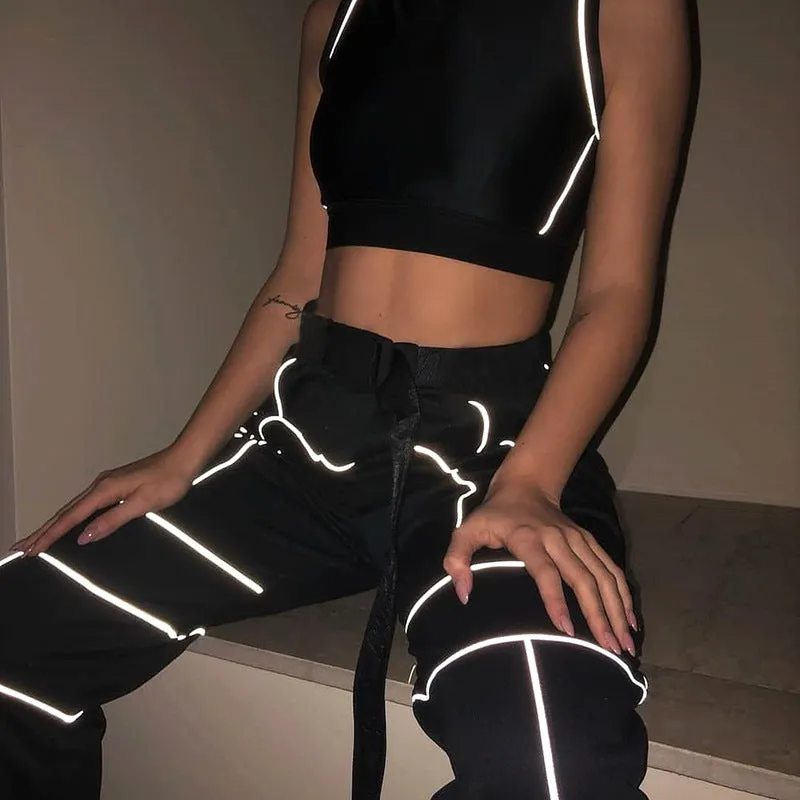 Spring hot reflective fluorescent splicing casual streetwear taperedtrousers cargo harem pants