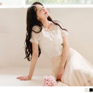 SQUARE NECK LACE PEARL BUTTON PUFF SLEEVE TOPS