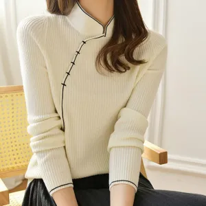 Stand Collar Knit Sweater with Button Closure Flattering Fit Versatile Design
