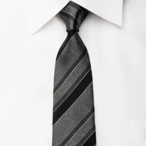 STCO Men's Silk Skinny Tie Black Silver Stripes On Gray