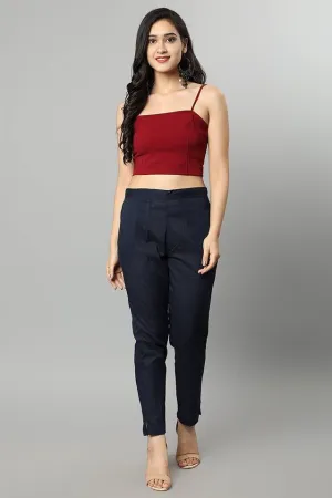 Straight Fit Navy Blue Drainpipe Pants