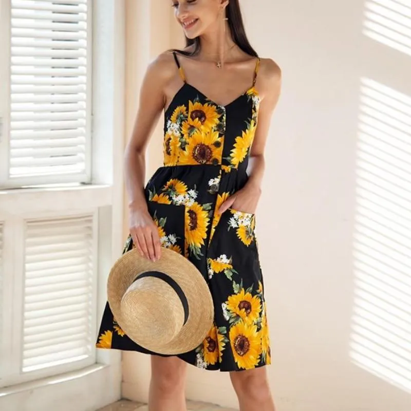 Strap V Neck Sunflower Print Backless Summer Dress