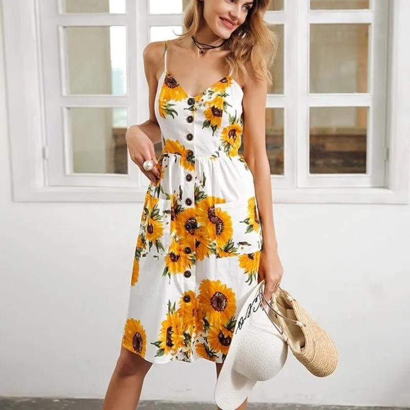 Strap V Neck Sunflower Print Backless Summer Dress