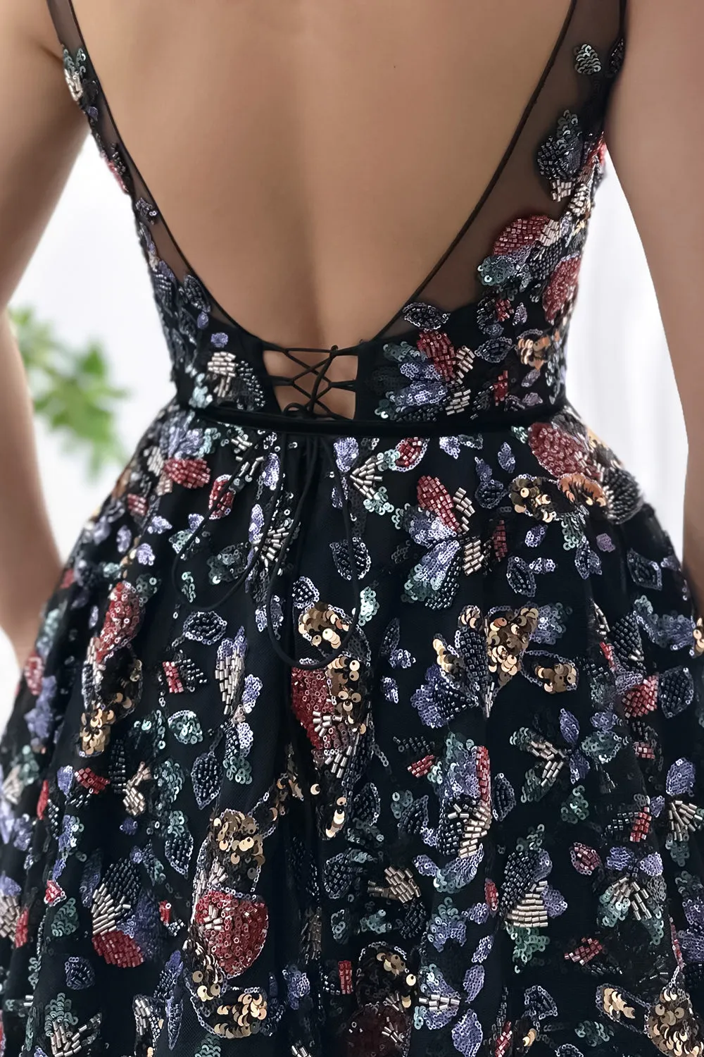 Straps V Neck Beaded Sequin Floral Black Dress