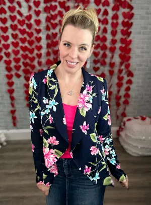 Stretchy Navy Floral Figure Flattering Blazer