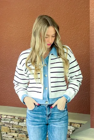 Stripe Knit And Denim Cardigan-Cream