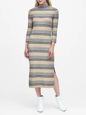 Stripe Luxespun Turtleneck Dress in Champagne & Gray Stripe