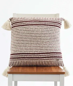 Stripe Square Cotton Knitted Decorative Natural & Maroon Color 18 x 18 Inches Cushion Cover