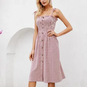 Striped Cotton Spaghetti Strap Button Split Dress