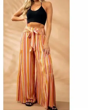 Striped Front Tie Flowy Wide Leg Pants in Multi | Multi