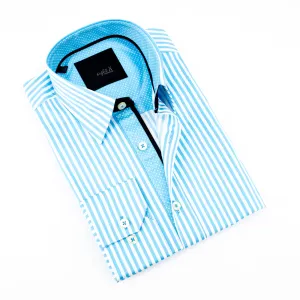 Striped Light Turquoise Button Down Shirt W/Accent Trim