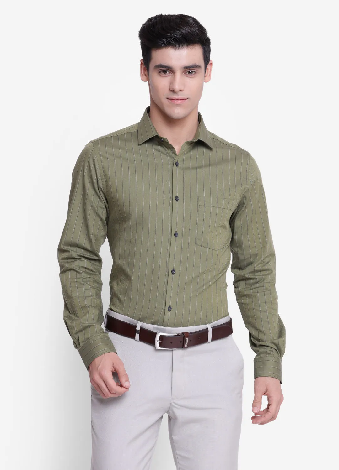 Striped Olive Slim Fit Formal Shirt