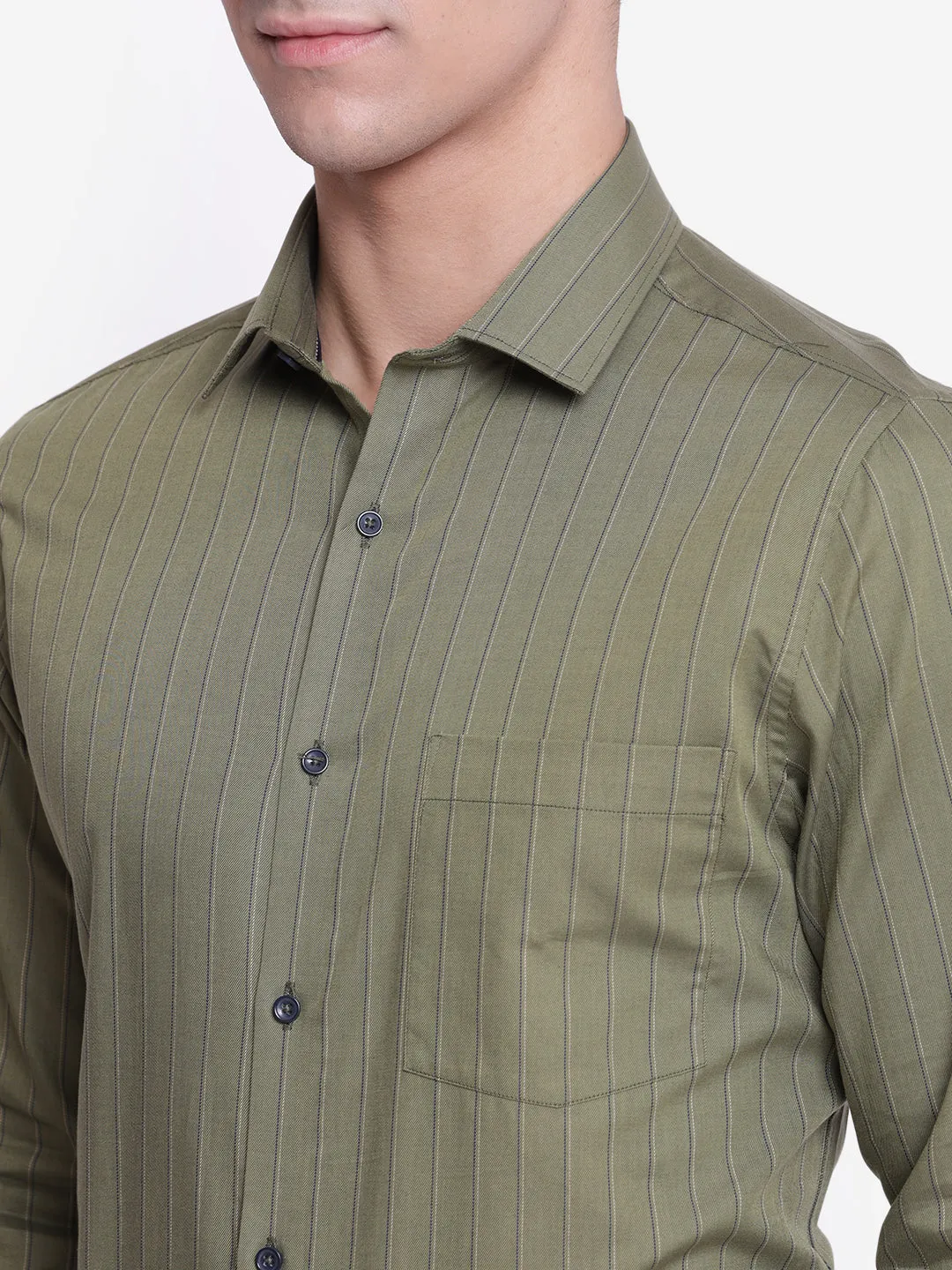 Striped Olive Slim Fit Formal Shirt
