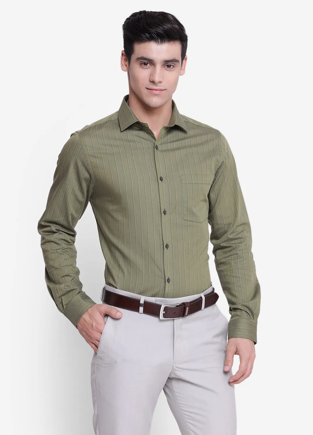 Striped Olive Slim Fit Formal Shirt