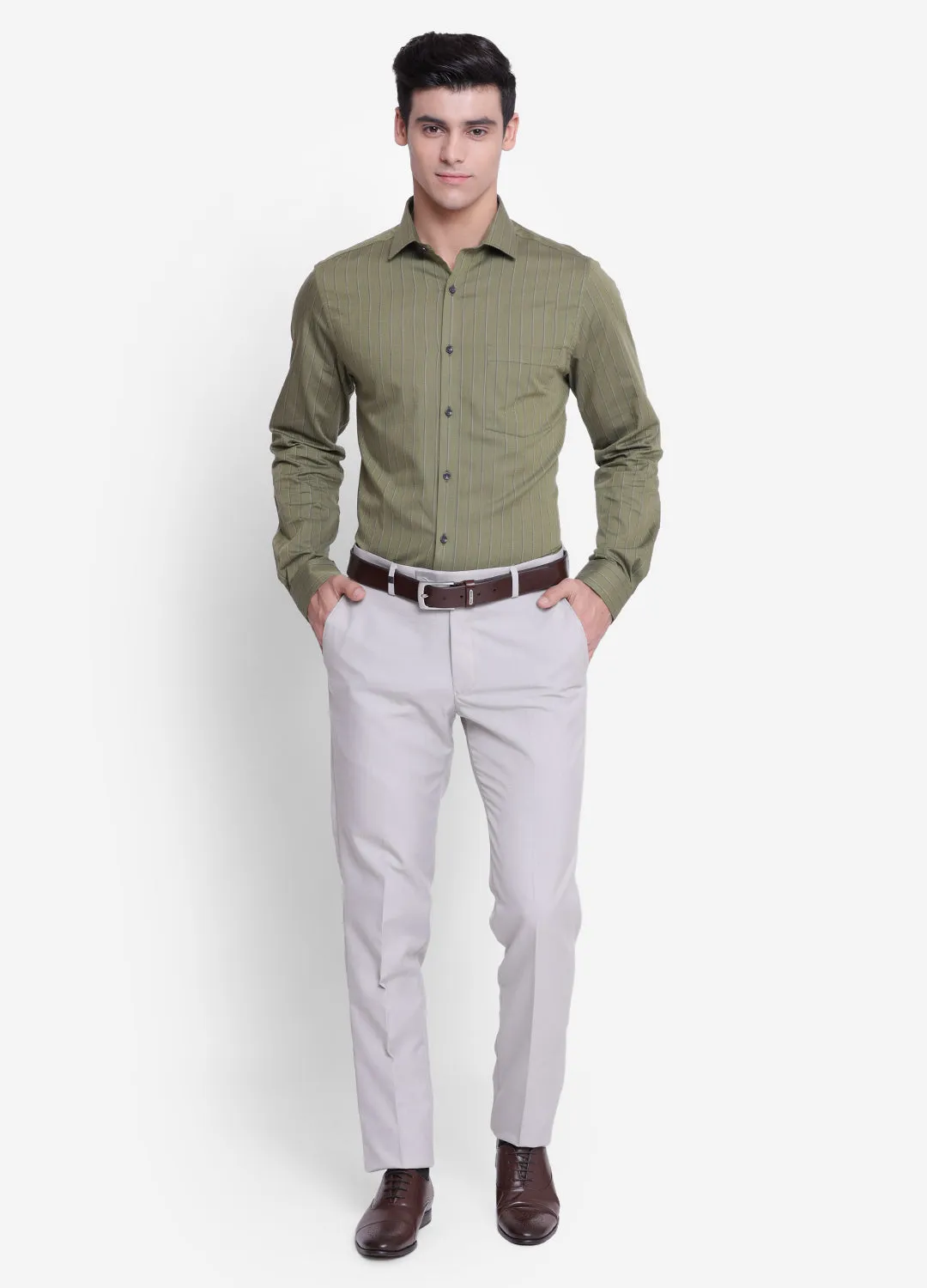 Striped Olive Slim Fit Formal Shirt