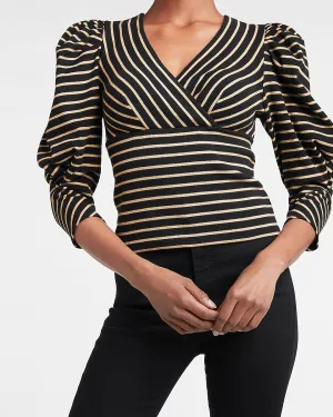 Striped Puff Sleeve Wrap Top in Metallic Black