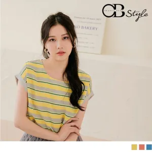 STRIPED ROUND NECK SHORT SLEEVE CONTRAST COLOR TOPS