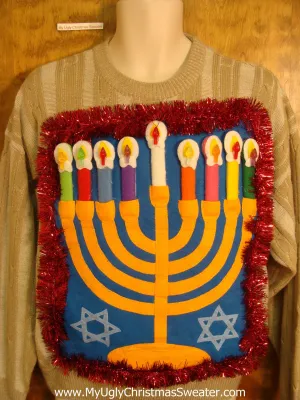 Striped Tacky Hanukkah Sweater with Menorah