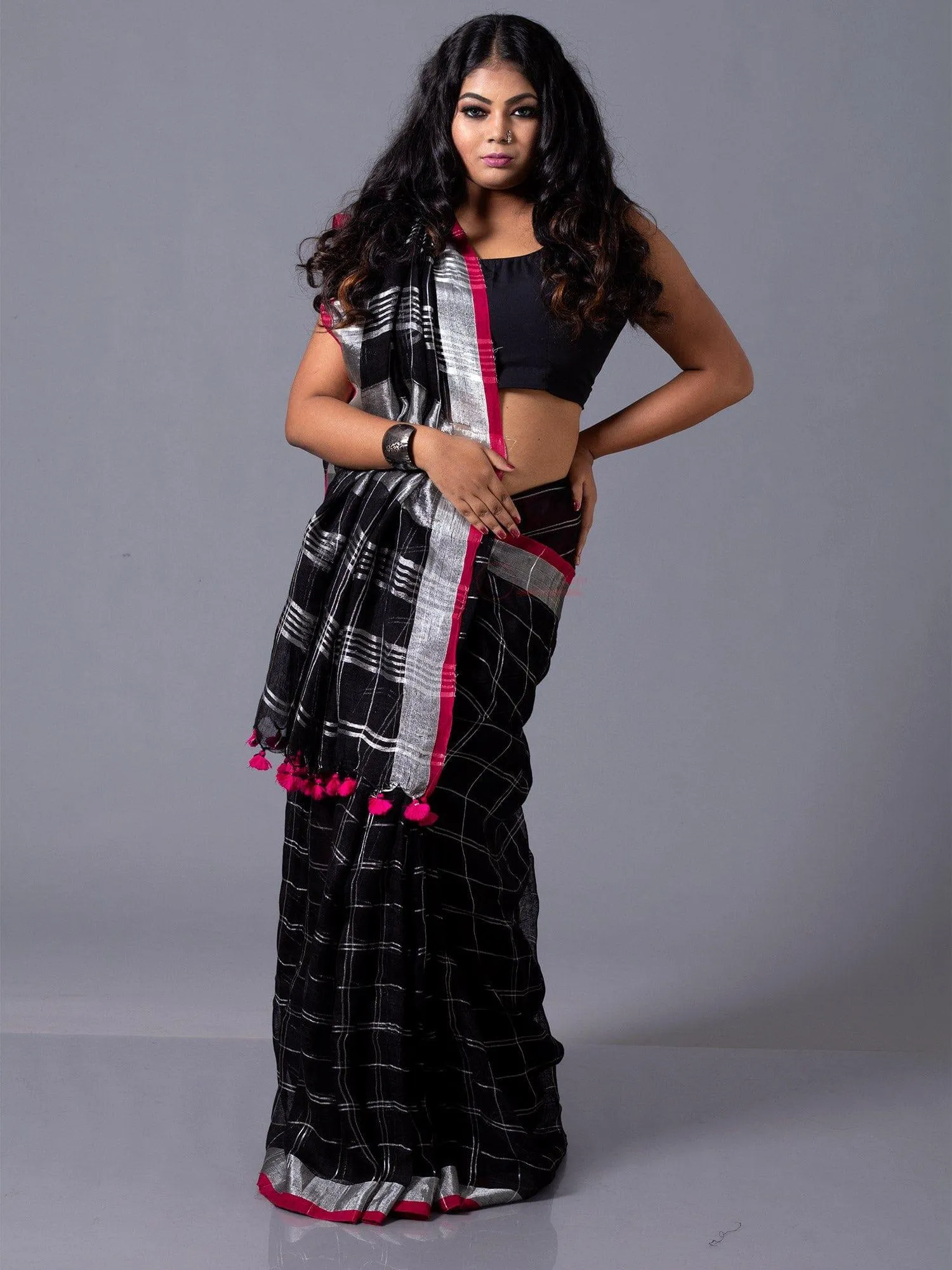 Stylish Black Check Linen Saree