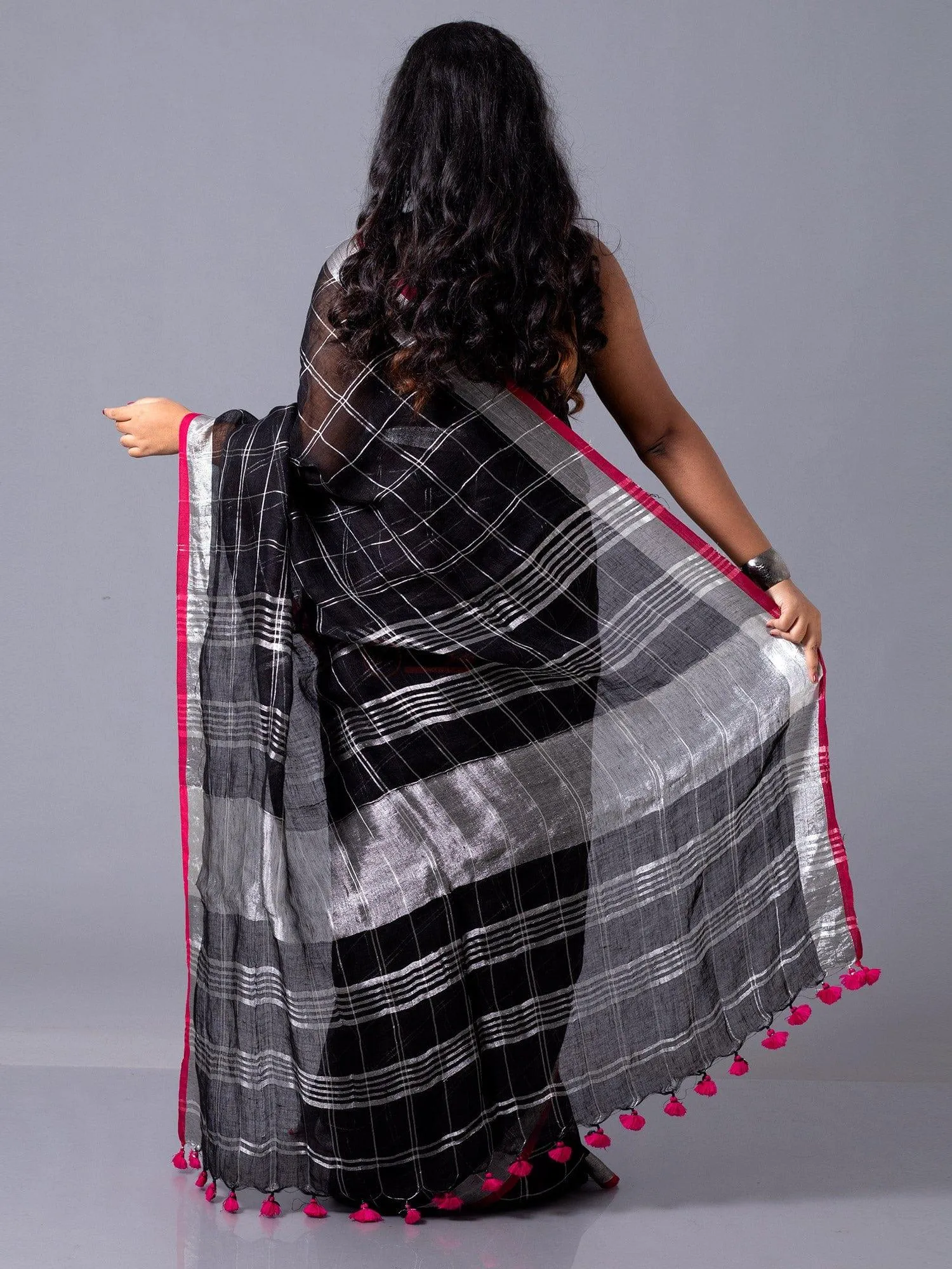 Stylish Black Check Linen Saree