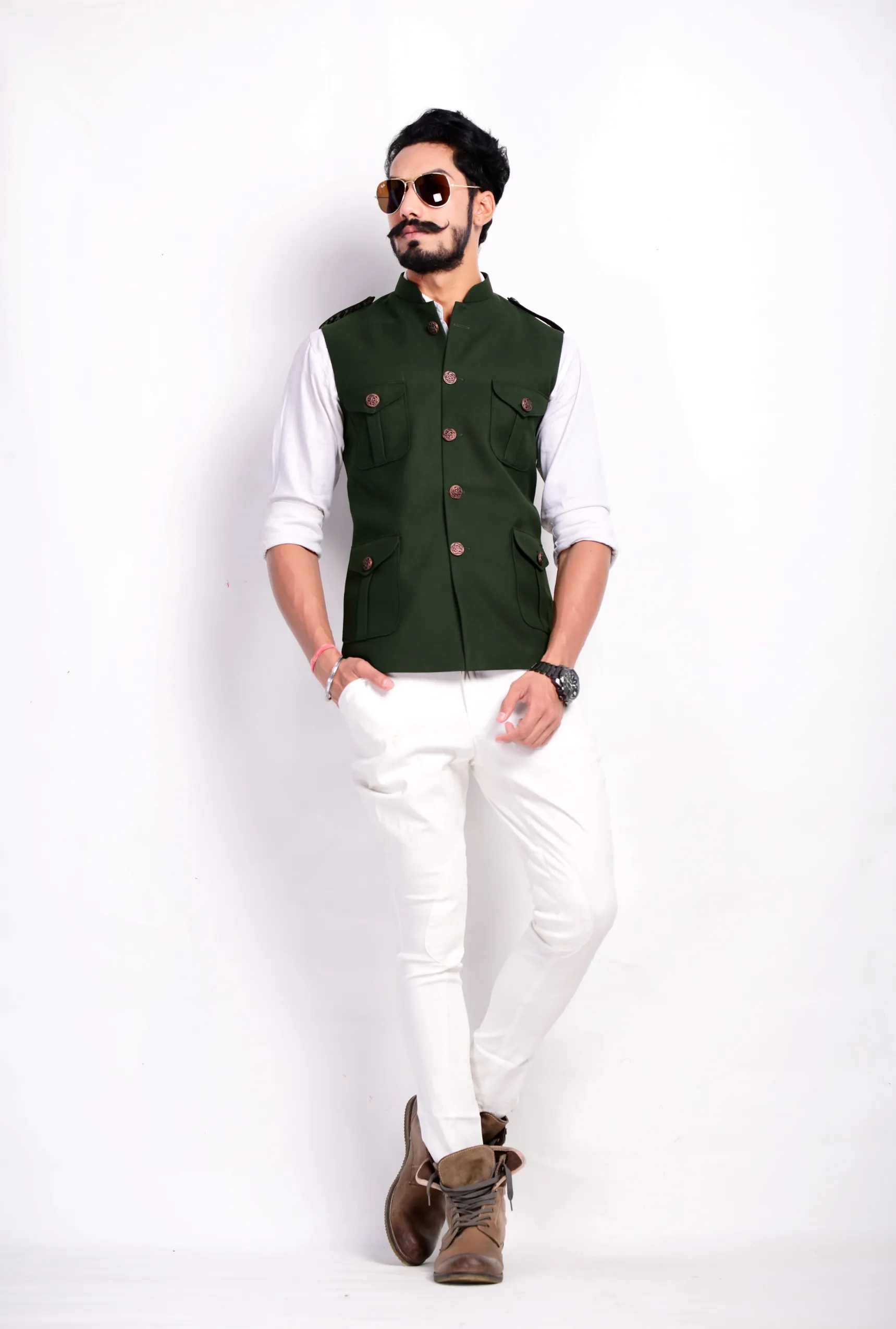 Stylish Dark Green Semi Hunting Jacket with White Shirt and Breeches| Perfect for Casual wear, Festive wear|