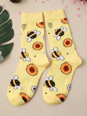 Sunflower & Bee Pattern Crew Socks Silly Socks for Women Funky Socks Funny Socks