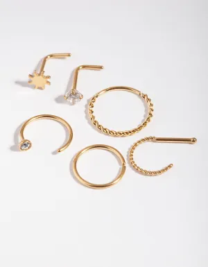 Surgical Steel Gold Sun Twist Diamante Nose Ring 6-Pack