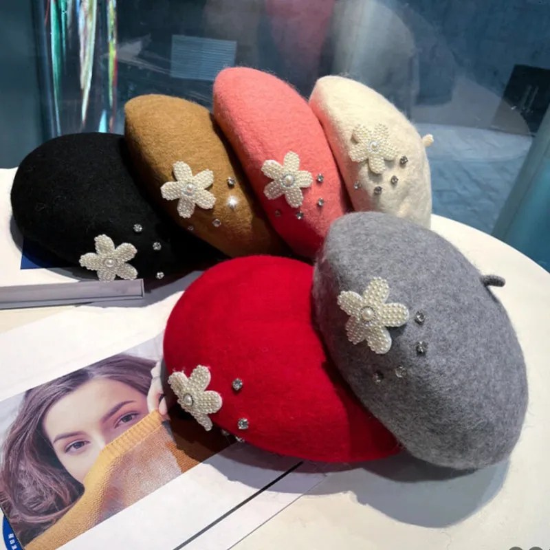 Sweet and Elegant Rhinestone Flower Beret Hats