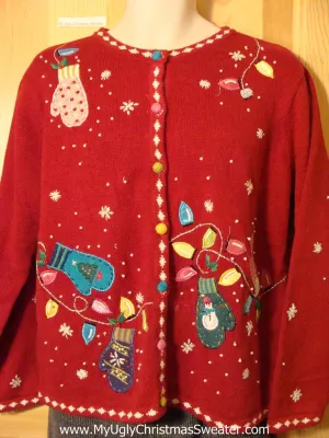 Tacky Cheap Ugly Christmas Sweater with Mittens and Festive Lightbulbs (f523)