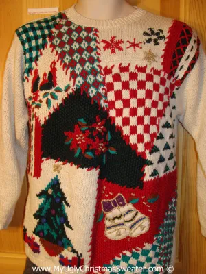 Tacky Christmas Sweater Party Classic 80s Horrid Ugly Sweater with Geometric Checkerboard Blocks and Festive Decorations (f1034)