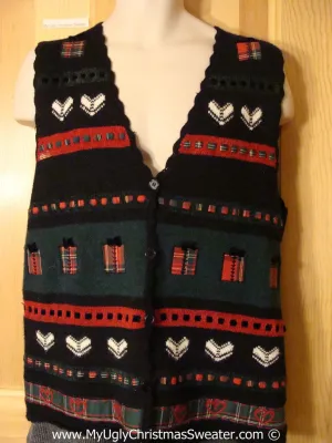 Tacky Holiday Sweater  Vest with Plaid Crafty Decorations (f1099)