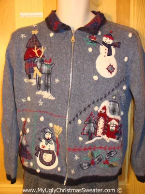 Tacky Plaid Themed Patchwork Design Ugly Christmas Sweater  with Snowman, Reindeer, and Winter Wonderland House. Plaid Collar. (f794)