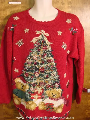 Tacky Red Ugly Christmas Sweater with Bears and Tree