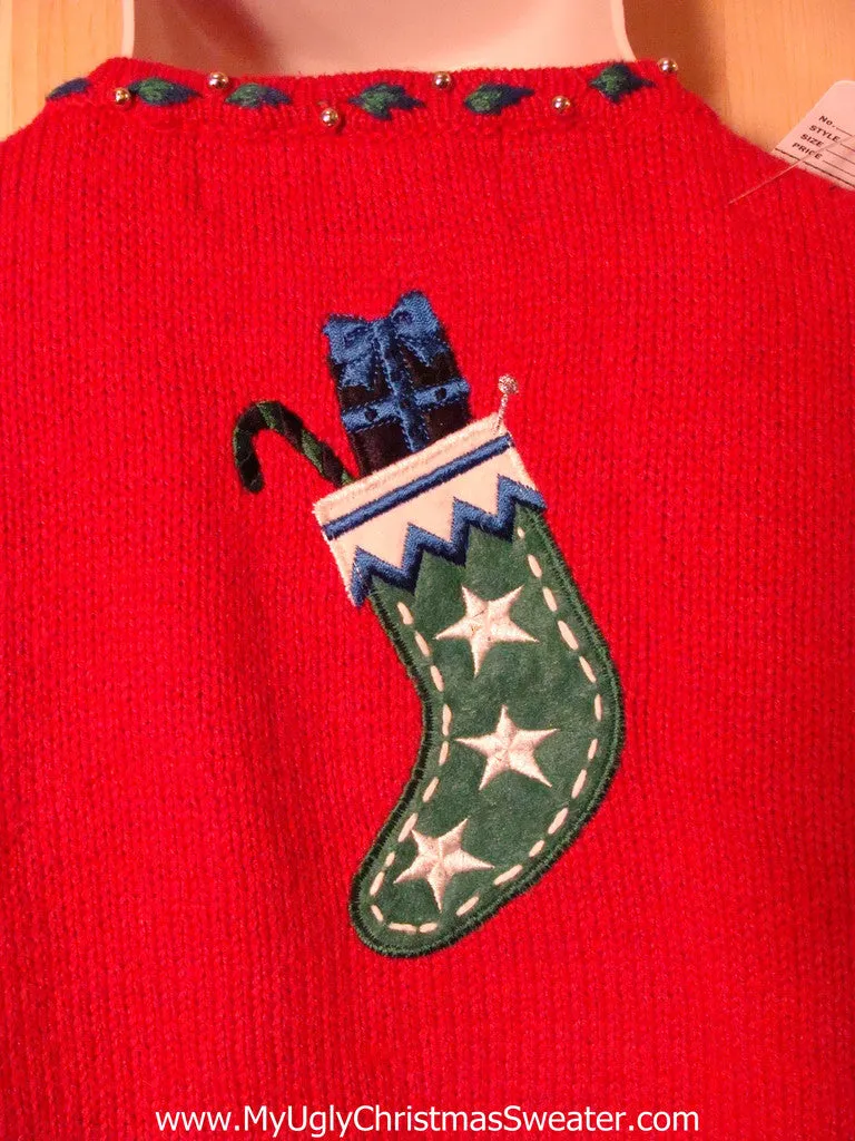Tacky Red Ugly Christmas Sweater with Poinsettias and Stockings (f193)