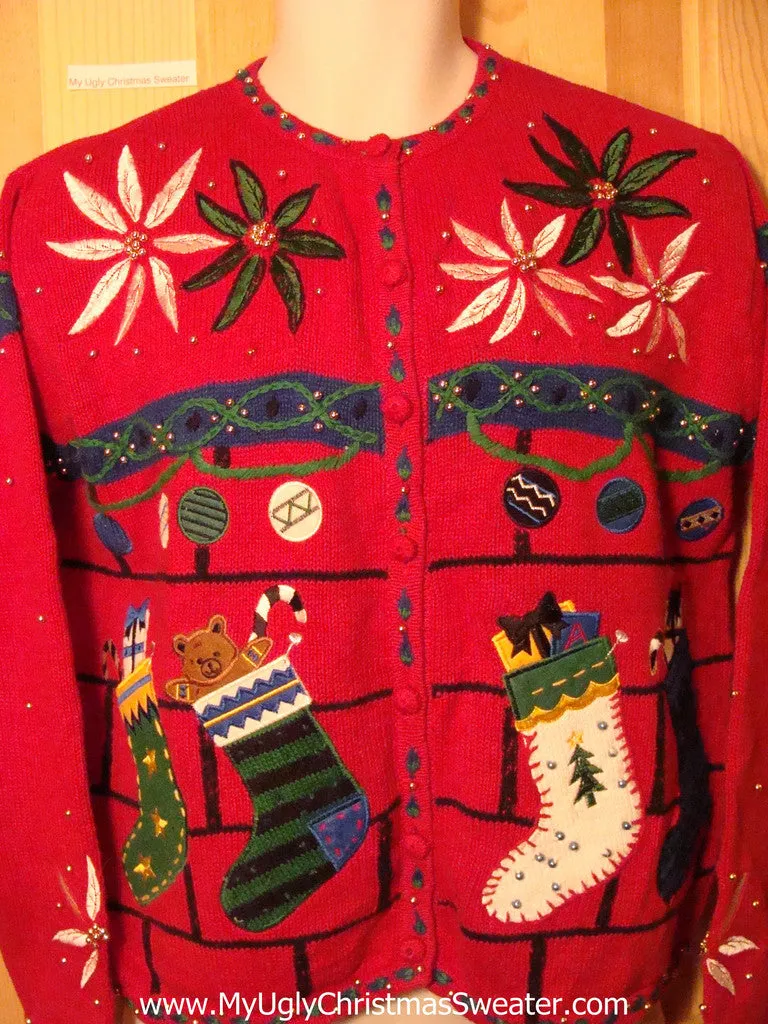 Tacky Red Ugly Christmas Sweater with Poinsettias and Stockings (f193)