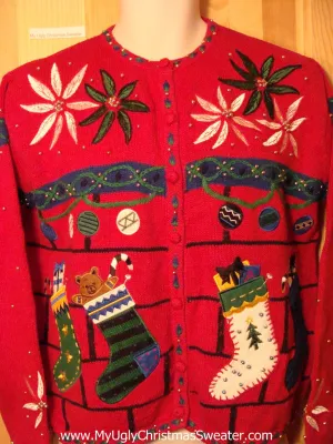 Tacky Red Ugly Christmas Sweater with Poinsettias and Stockings (f193)