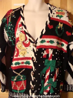 Tacky Ugly 80s Classic Christmas Sweater with Loud and Proud Decorations on Front and Back  (f731)