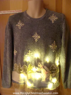 Tacky Ugly Christmas Sweater Polar Bear in a Winter Wonderland with Lights and Fringe (g62)
