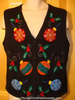 Tacky Ugly Christmas Sweater Vest with Festive Bright Ornaments and Ivy (f399)