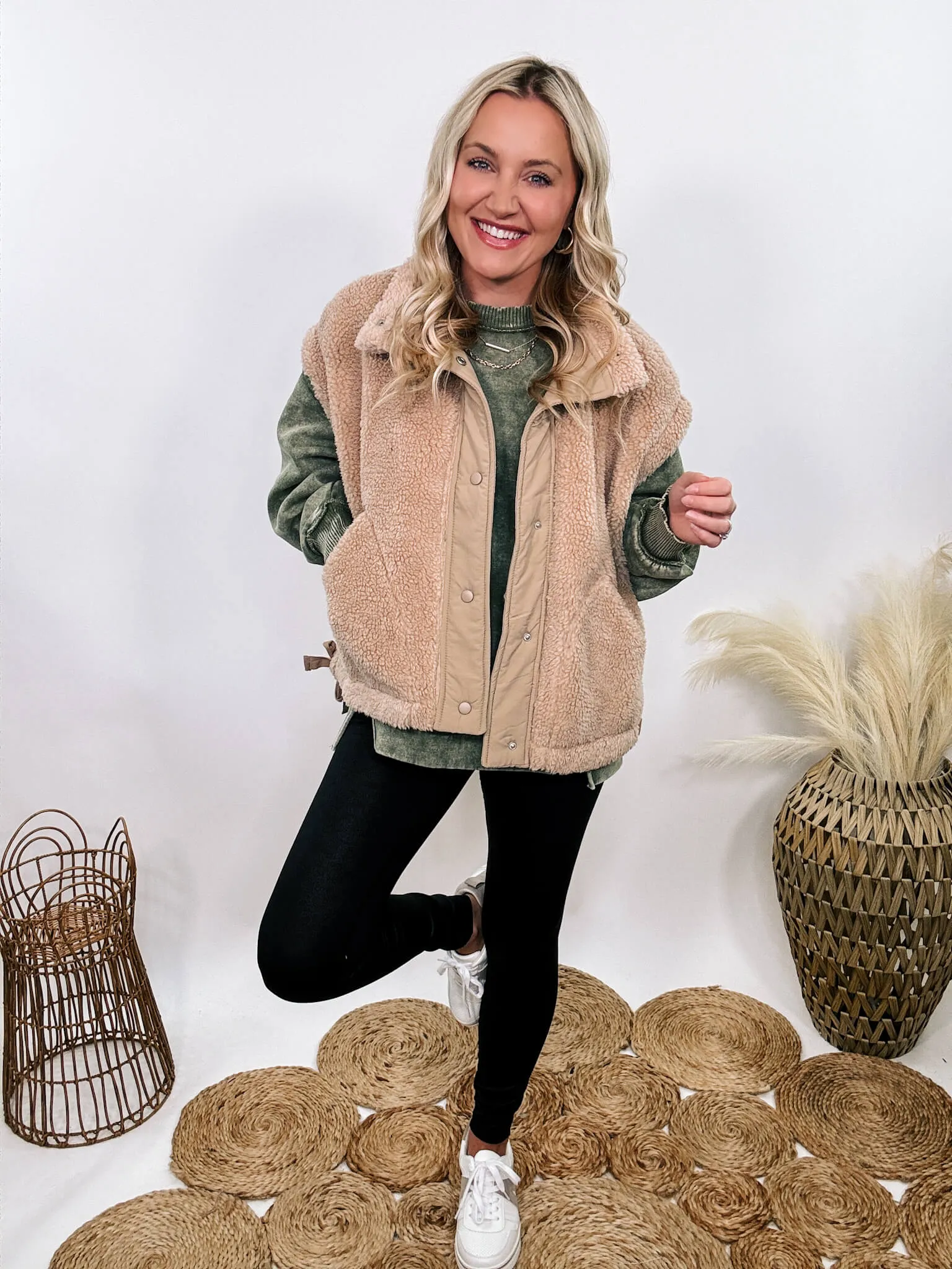 Tan Camel Oversized Sherpa Vest with Side Ties
