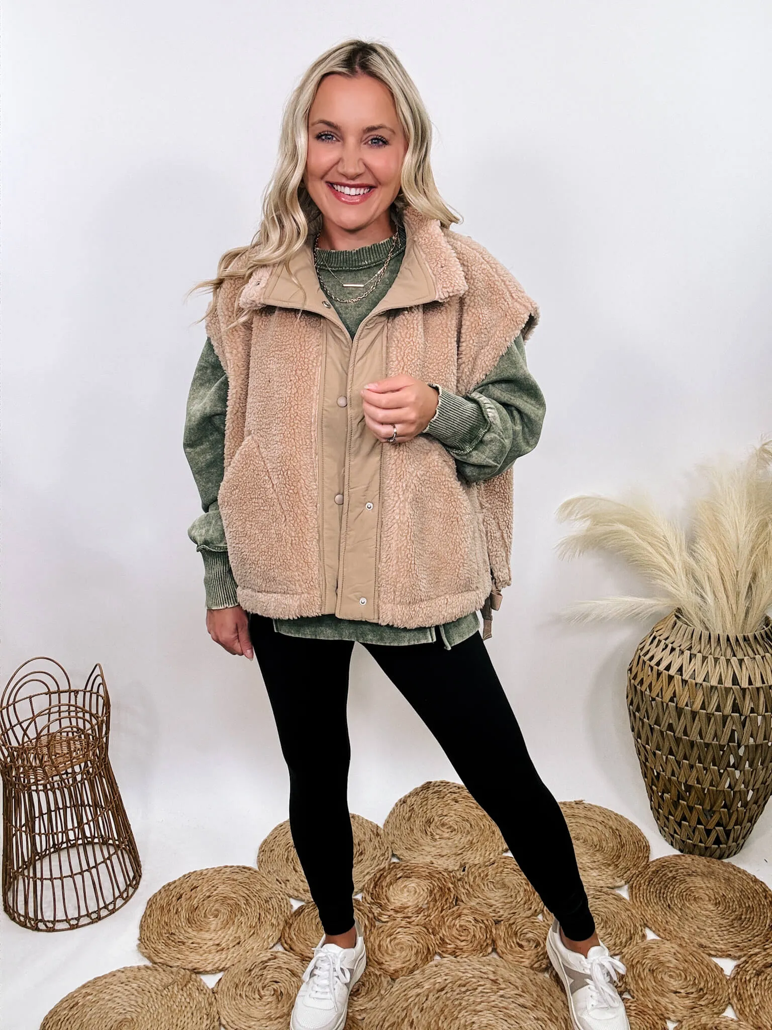 Tan Camel Oversized Sherpa Vest with Side Ties