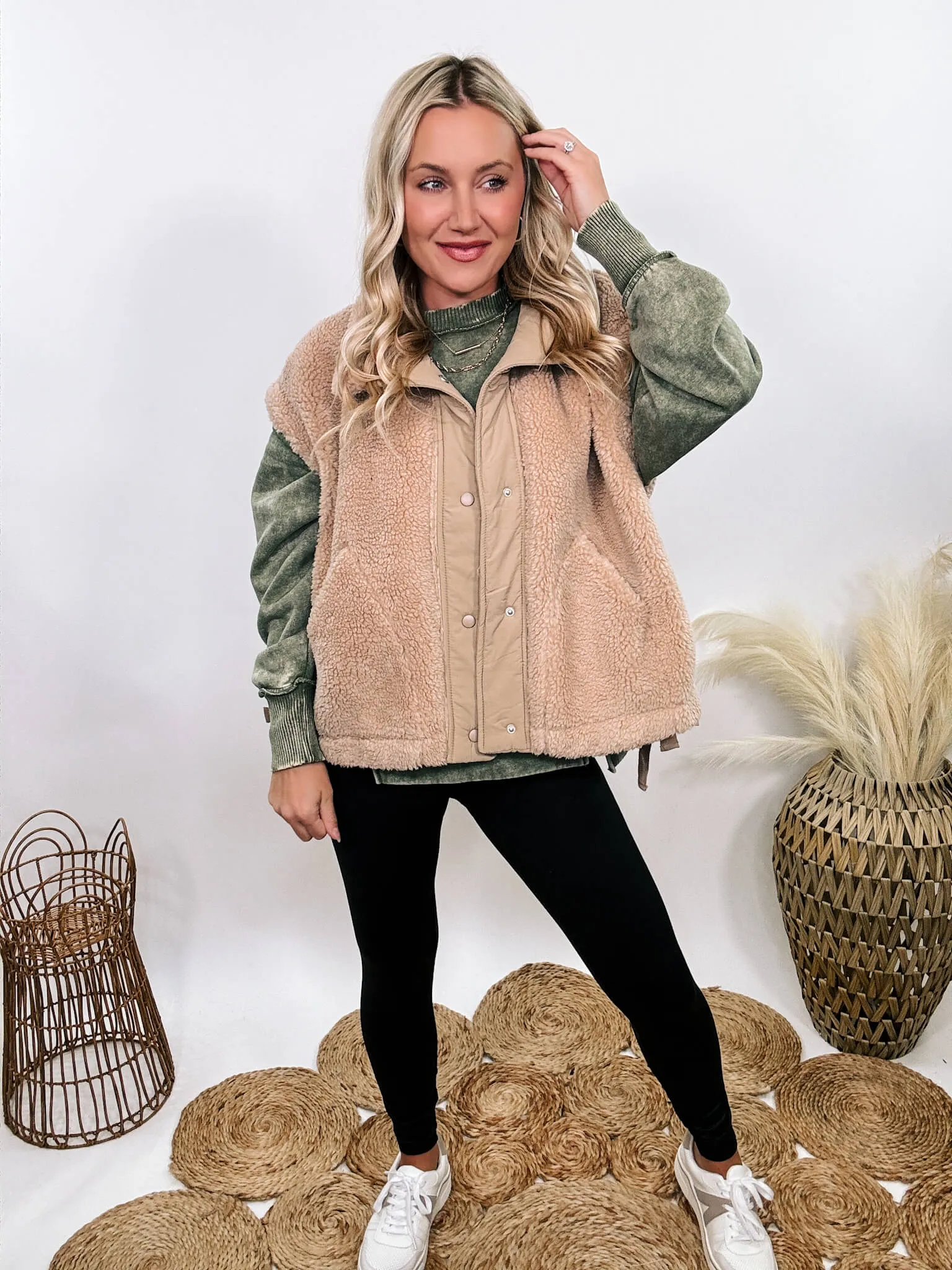 Tan Camel Oversized Sherpa Vest with Side Ties