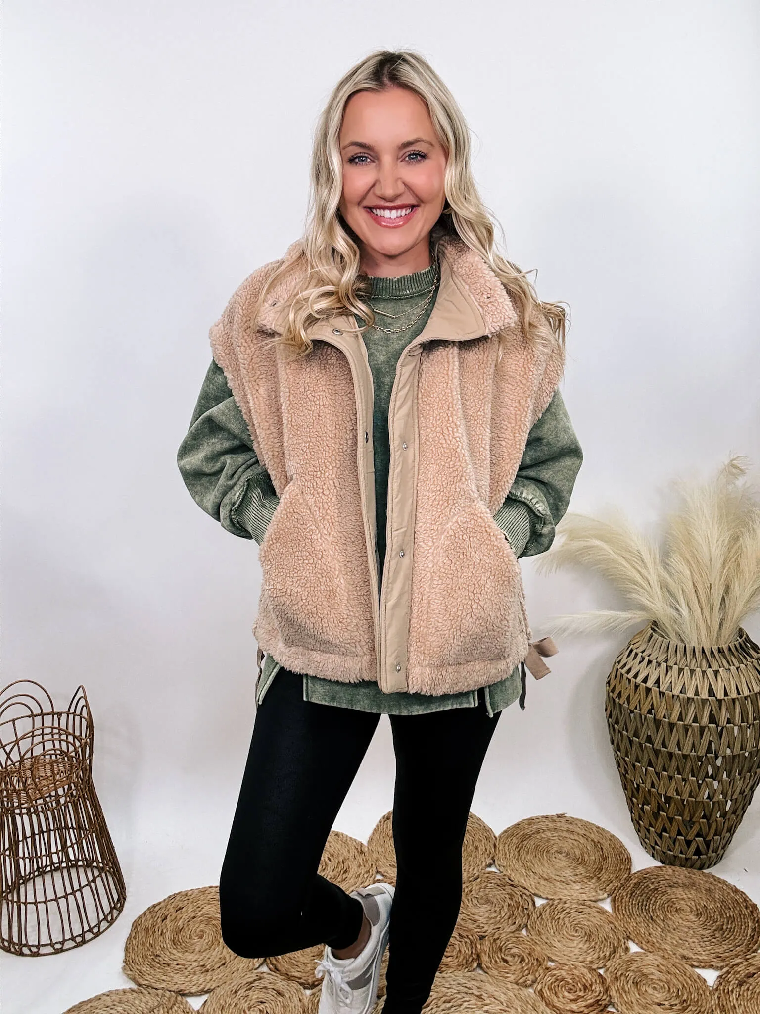 Tan Camel Oversized Sherpa Vest with Side Ties