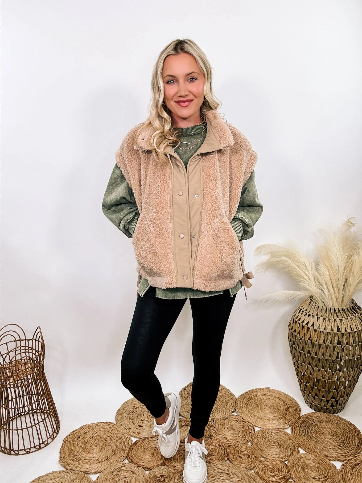 Tan Camel Oversized Sherpa Vest with Side Ties