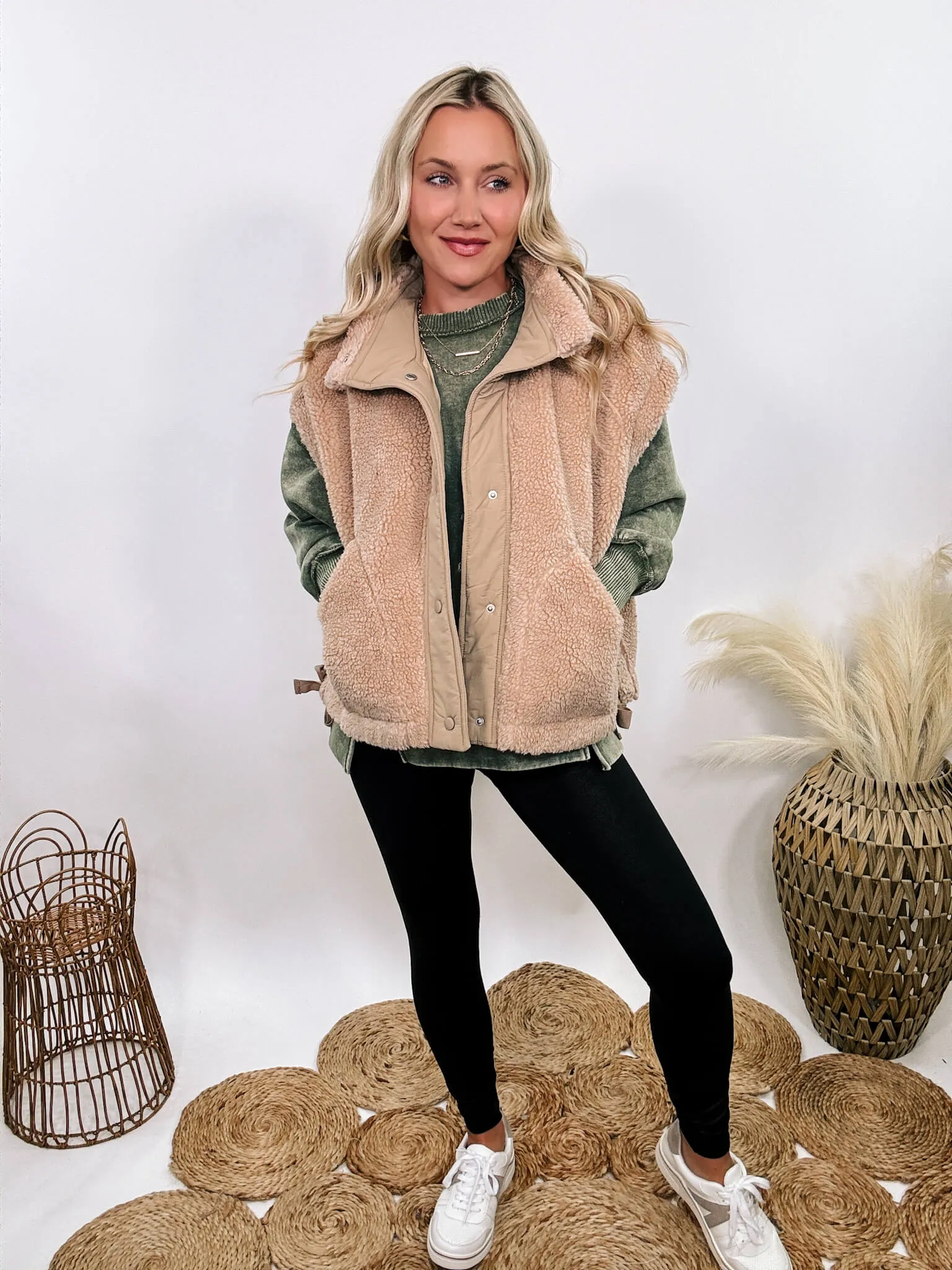 Tan Camel Oversized Sherpa Vest with Side Ties