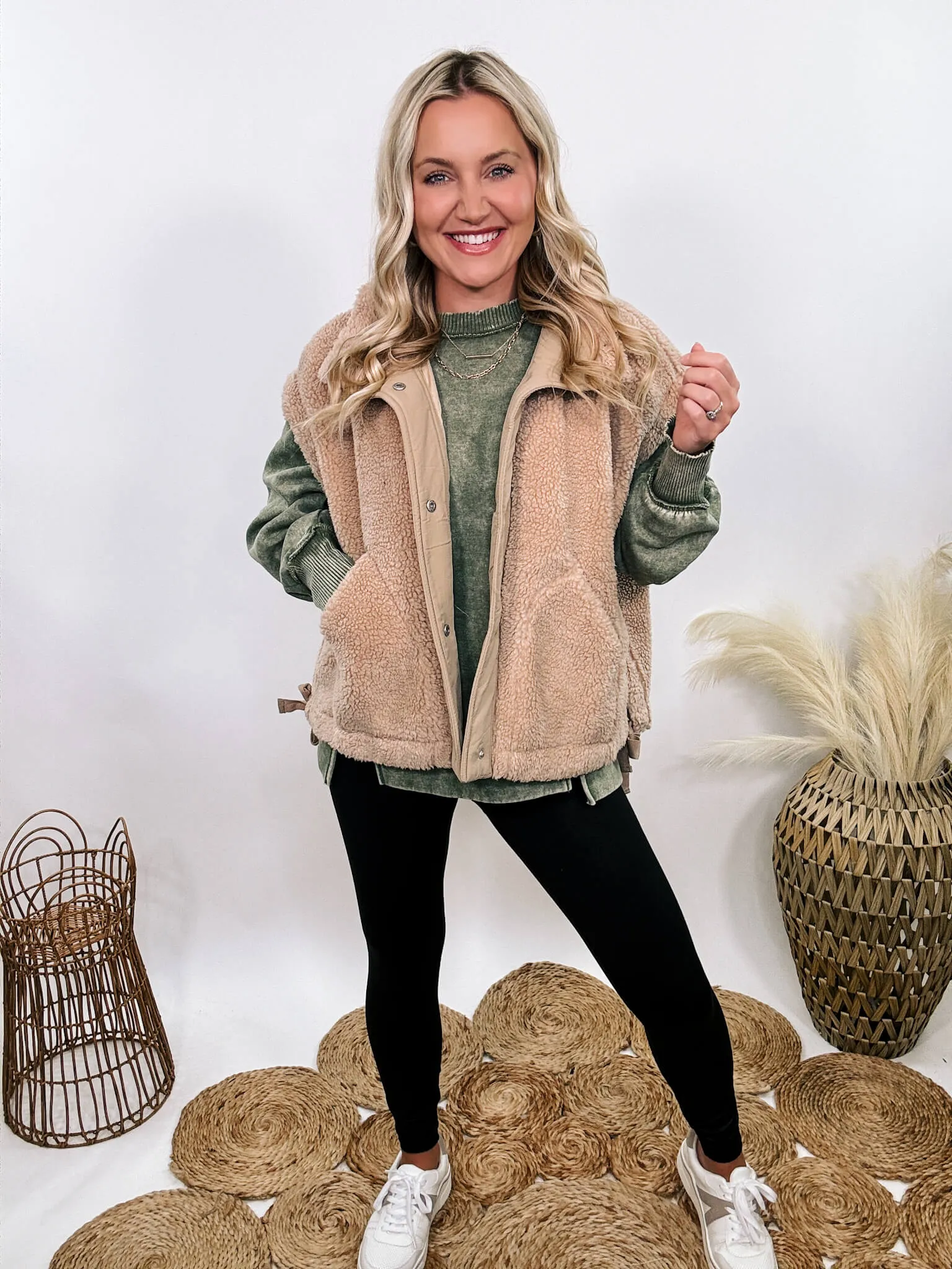 Tan Camel Oversized Sherpa Vest with Side Ties