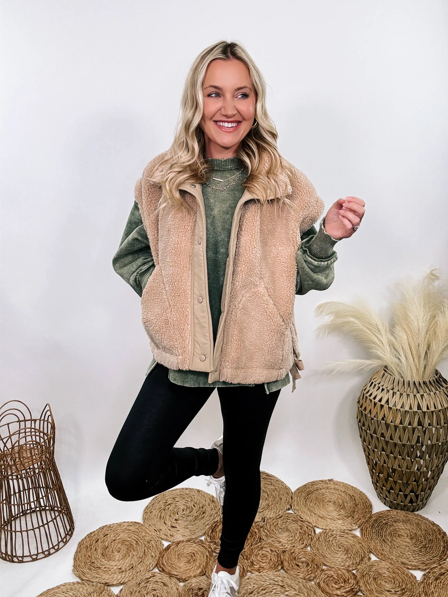 Tan Camel Oversized Sherpa Vest with Side Ties