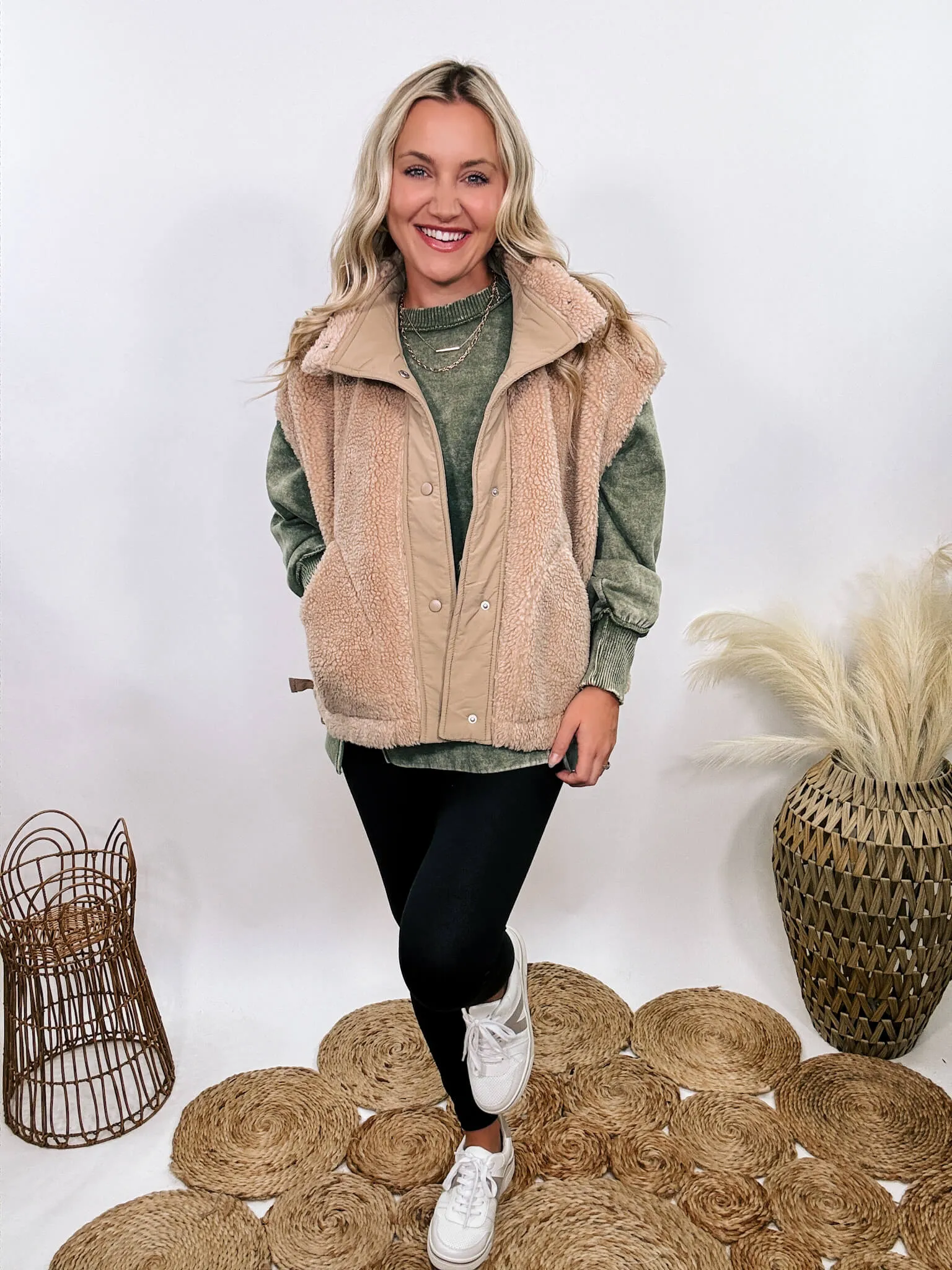 Tan Camel Oversized Sherpa Vest with Side Ties